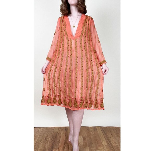 Vintage Embroidered Swimsuit Cover Up Midi Dress Sheer Coverup Beach Boho Light - Picture 4 of 6